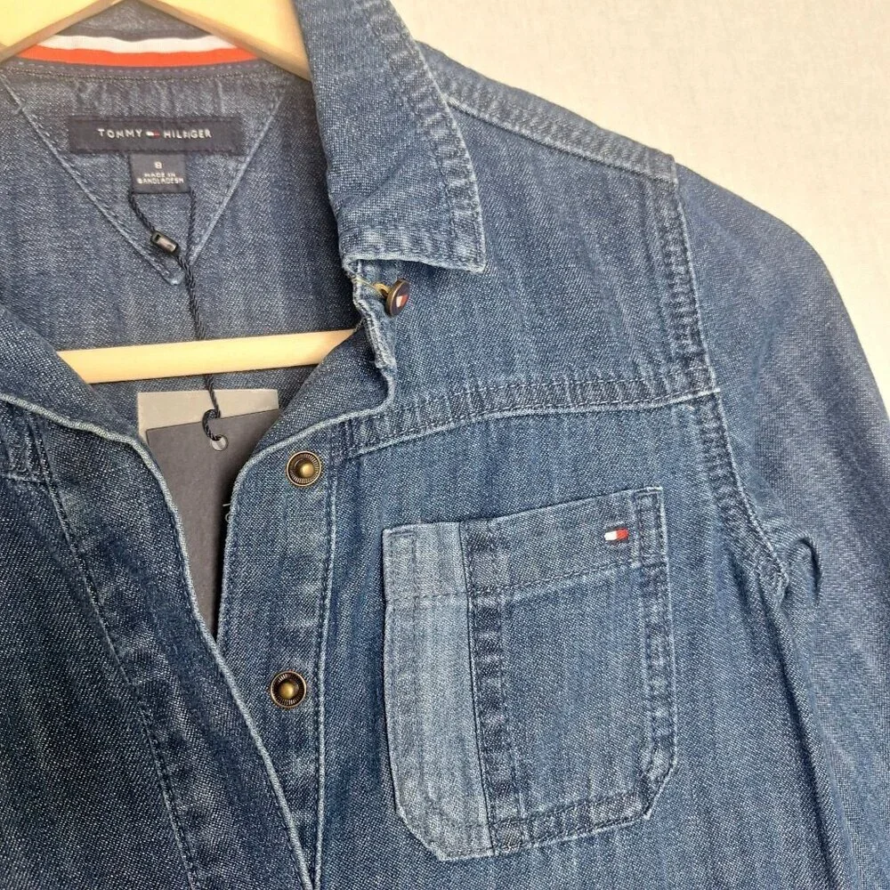 NWT Tommy Hilfiger Girls Denim Jeans Overalls Size 8 Long Sleeve Snap Buttons Pr